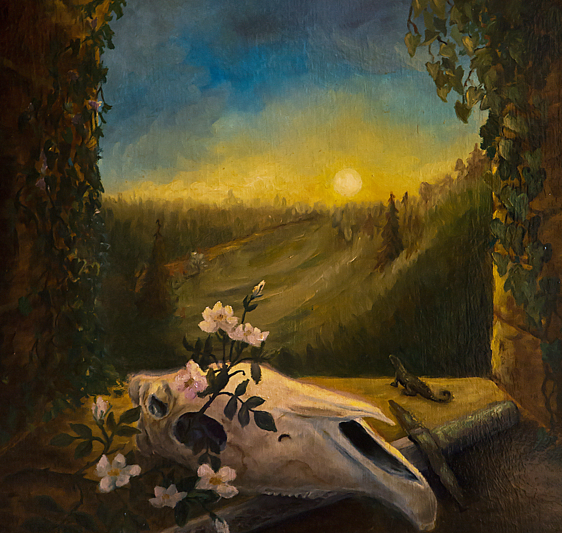 oilpainting with horse skull and flowers