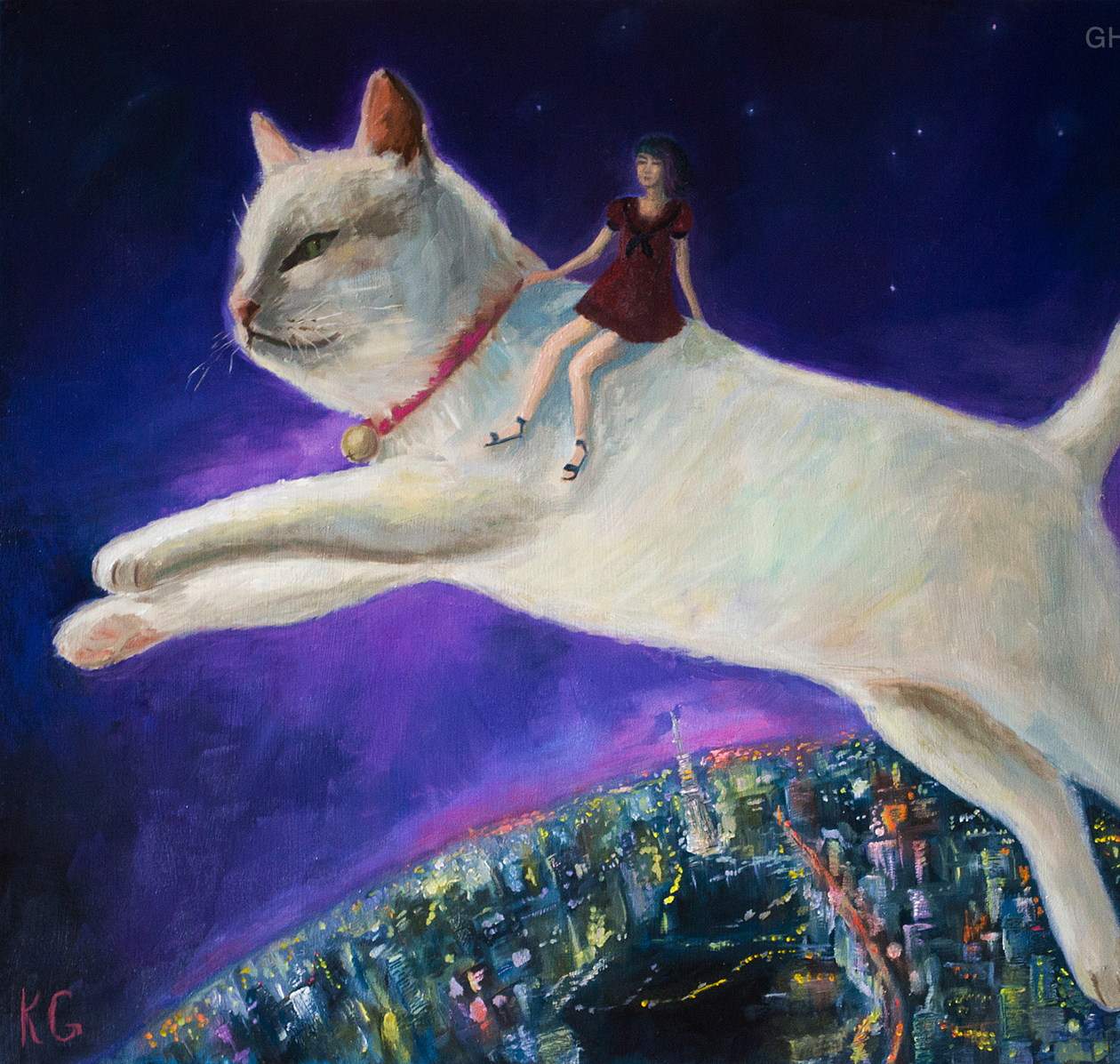 oilpainting huge cat flying over tokyo city